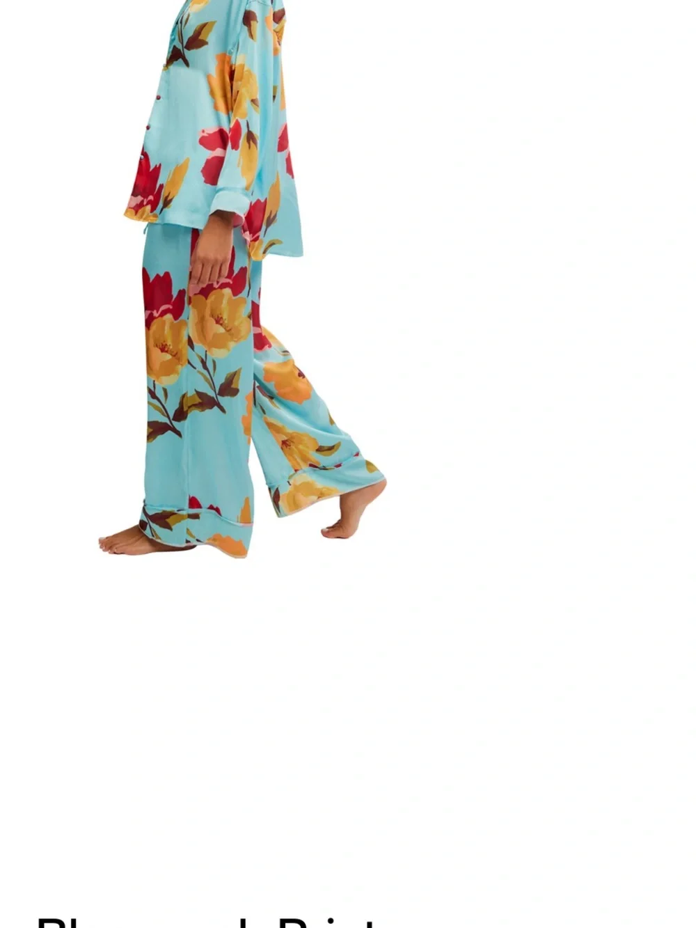 Free People Floral Satin Pajama Set in Aqua with Red & Yellow Blooms